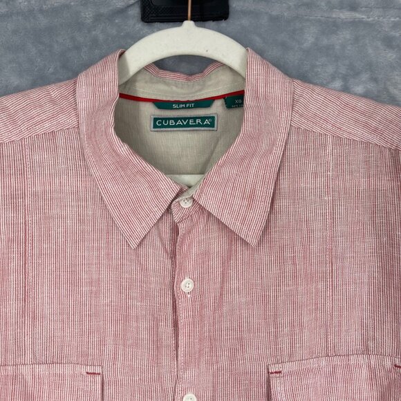 Cubavera Shirt Mens XL Slim Fit Red Striped Linen Cotton Flap Chest Pocket - Picture 1 of 12